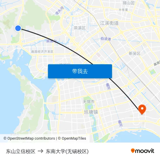 东山立信校区 to 东南大学(无锡校区) map
