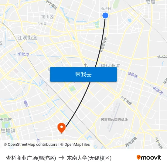 查桥商业广场(锡沪路) to 东南大学(无锡校区) map