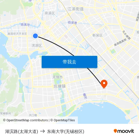 湖滨路(太湖大道) to 东南大学(无锡校区) map
