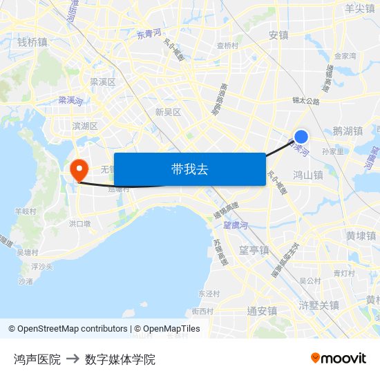 鸿声医院 to 数字媒体学院 map