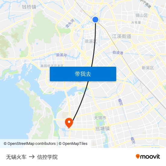 无锡火车 to 信控学院 map