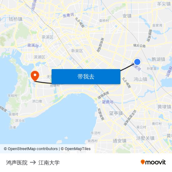 鸿声医院 to 江南大学 map