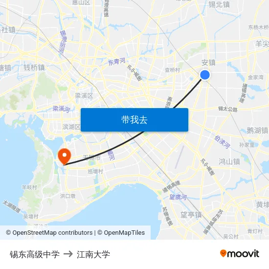 锡东高级中学 to 江南大学 map