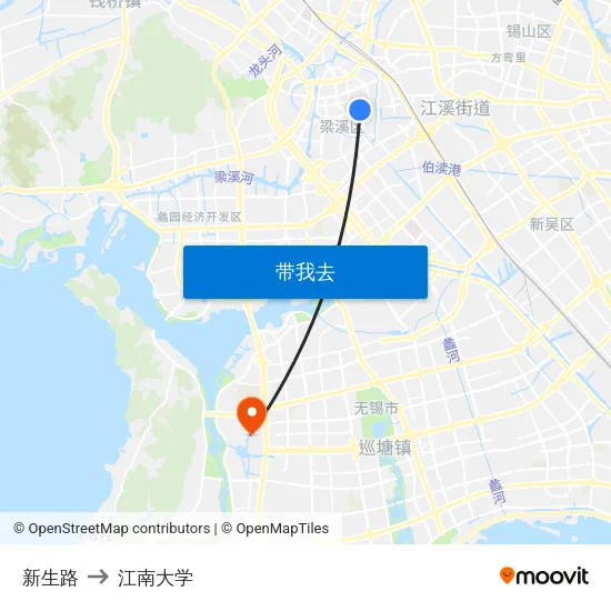 新生路 to 江南大学 map