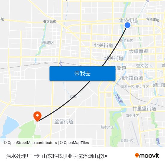 污水处理厂 to 山东科技职业学院浮烟山校区 map