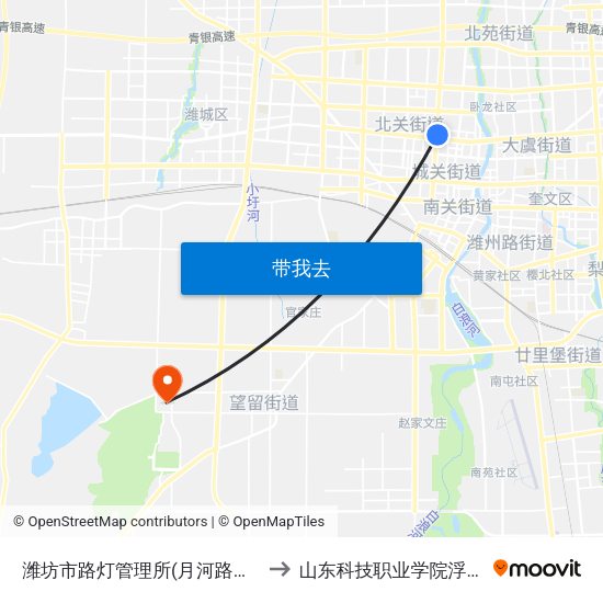 潍坊市路灯管理所(月河路北宫街路口) to 山东科技职业学院浮烟山校区 map