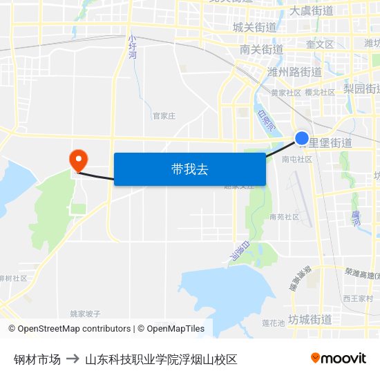 钢材市场 to 山东科技职业学院浮烟山校区 map