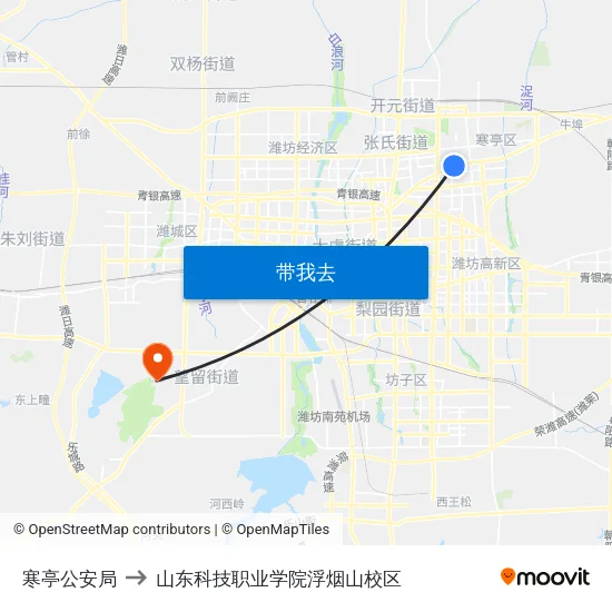 寒亭公安局 to 山东科技职业学院浮烟山校区 map