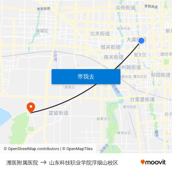 潍医附属医院 to 山东科技职业学院浮烟山校区 map