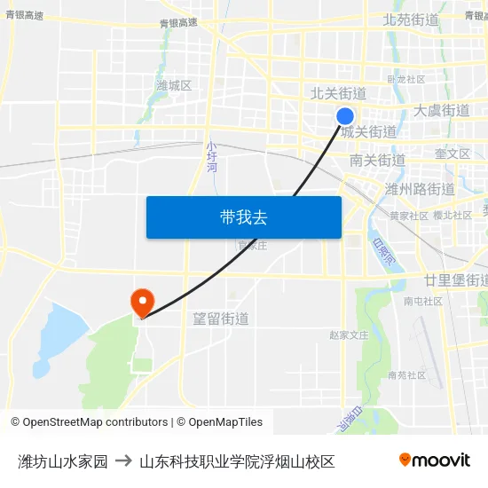 潍坊山水家园 to 山东科技职业学院浮烟山校区 map