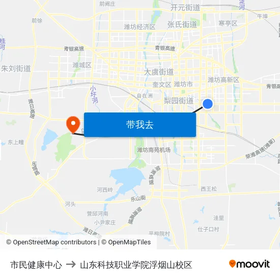 市民健康中心 to 山东科技职业学院浮烟山校区 map