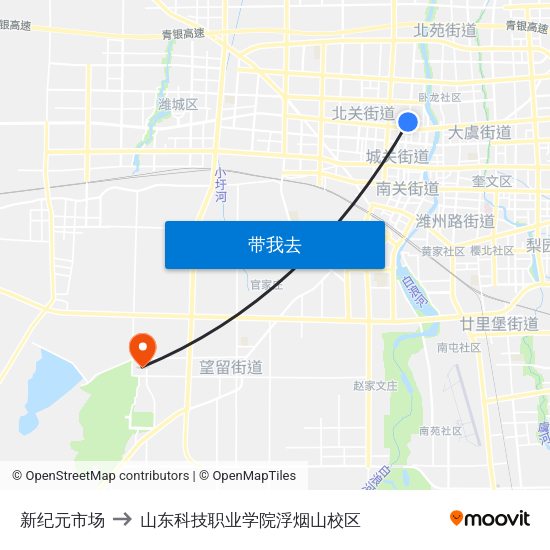 新纪元市场 to 山东科技职业学院浮烟山校区 map