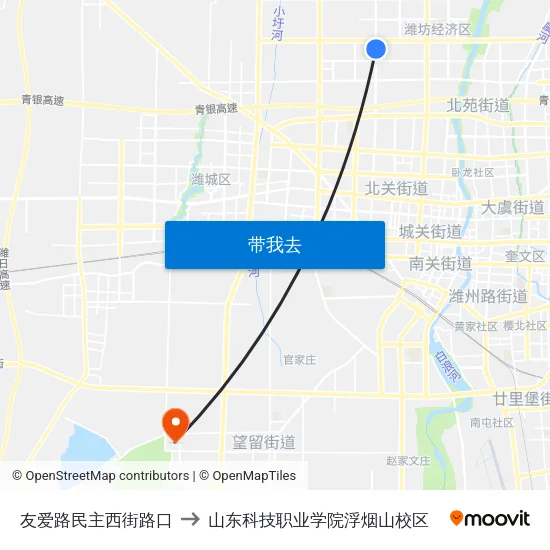 友爱路民主西街路口 to 山东科技职业学院浮烟山校区 map