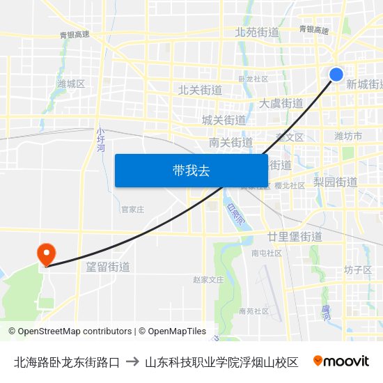 北海路卧龙东街路口 to 山东科技职业学院浮烟山校区 map