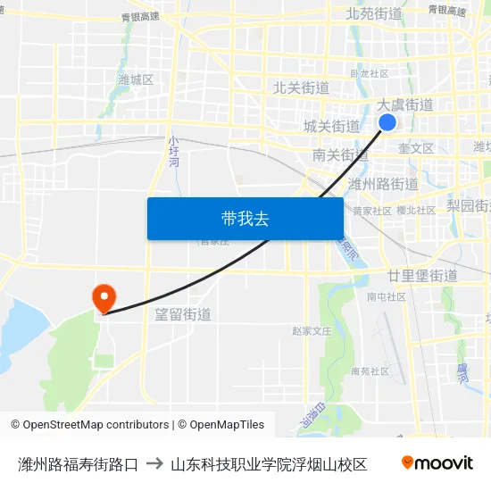 潍州路福寿街路口 to 山东科技职业学院浮烟山校区 map