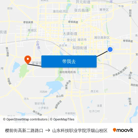 樱前街高新二路路口 to 山东科技职业学院浮烟山校区 map
