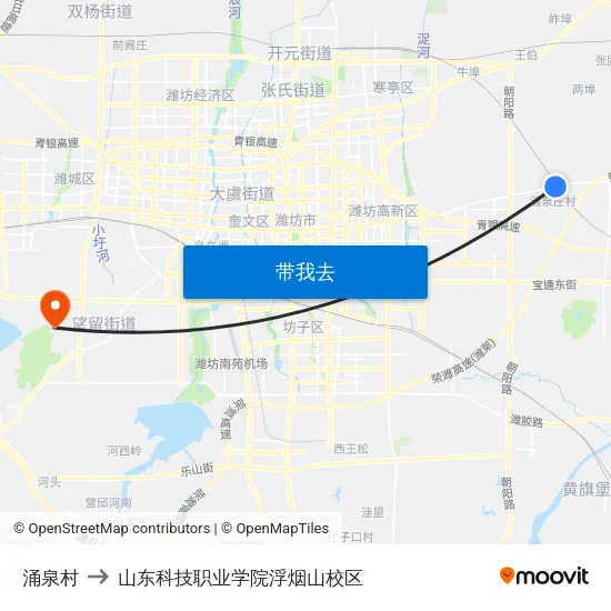 涌泉村 to 山东科技职业学院浮烟山校区 map
