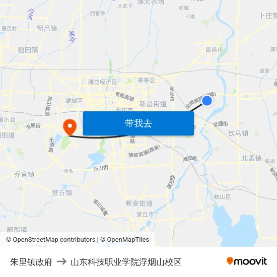 朱里镇政府 to 山东科技职业学院浮烟山校区 map