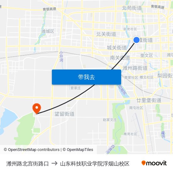 潍州路北宫街路口 to 山东科技职业学院浮烟山校区 map
