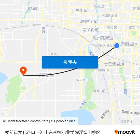 樱前街文化路口 to 山东科技职业学院浮烟山校区 map
