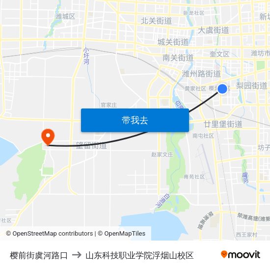 樱前街虞河路口 to 山东科技职业学院浮烟山校区 map