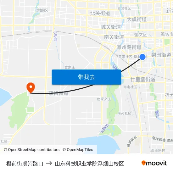 樱前街虞河路口 to 山东科技职业学院浮烟山校区 map