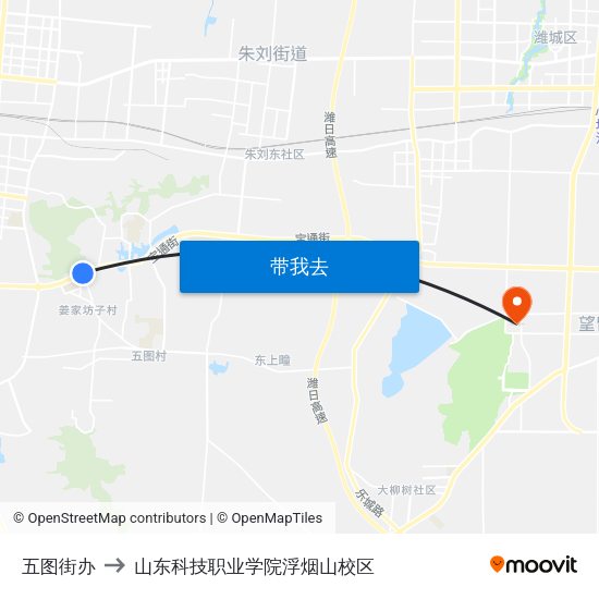 五图街办 to 山东科技职业学院浮烟山校区 map