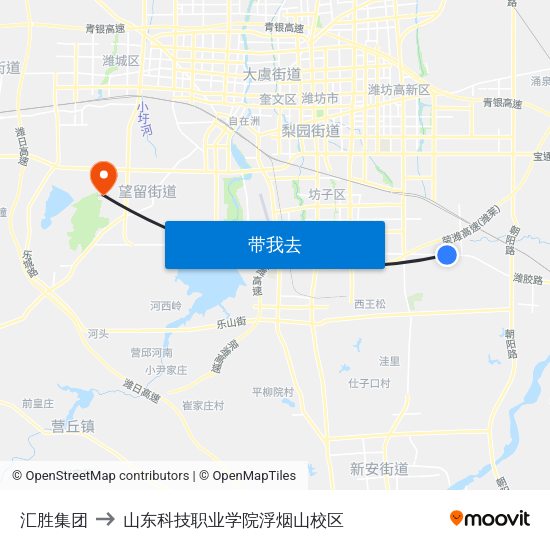 汇胜集团 to 山东科技职业学院浮烟山校区 map