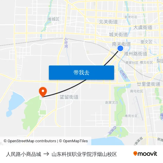 人民路小商品城 to 山东科技职业学院浮烟山校区 map