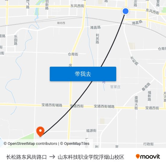 长松路东风街路口 to 山东科技职业学院浮烟山校区 map