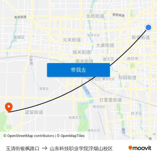 玉清街银枫路口 to 山东科技职业学院浮烟山校区 map