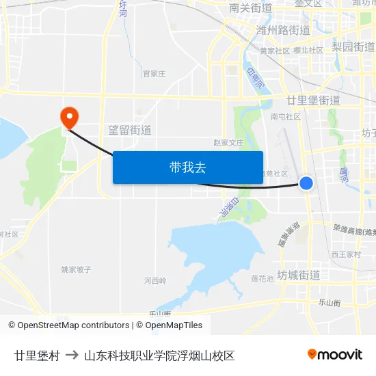 廿里堡村 to 山东科技职业学院浮烟山校区 map
