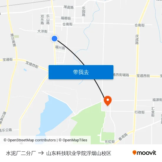 水泥厂二分厂 to 山东科技职业学院浮烟山校区 map