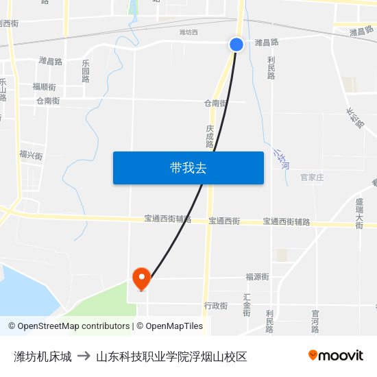 潍坊机床城 to 山东科技职业学院浮烟山校区 map