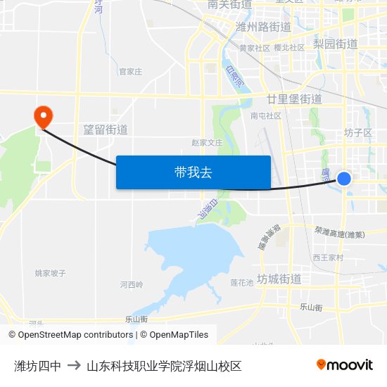 潍坊四中 to 山东科技职业学院浮烟山校区 map
