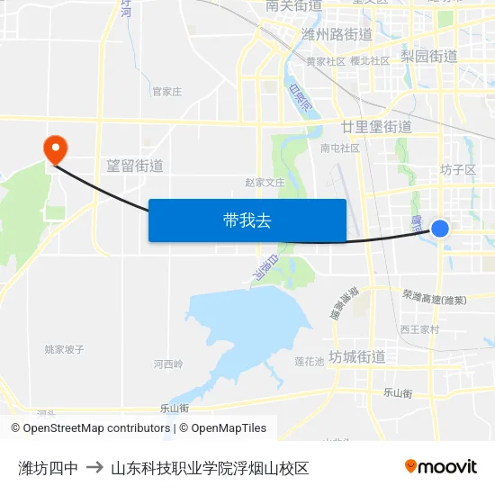 潍坊四中 to 山东科技职业学院浮烟山校区 map