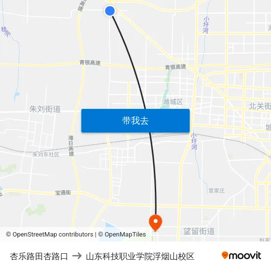 杏乐路田杏路口 to 山东科技职业学院浮烟山校区 map