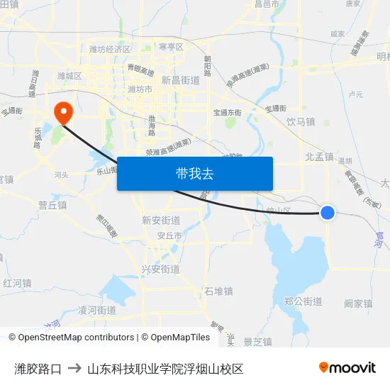 潍胶路口 to 山东科技职业学院浮烟山校区 map