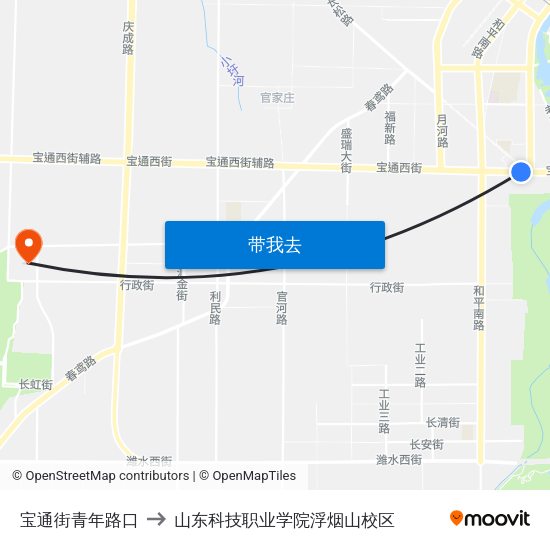 宝通街青年路口 to 山东科技职业学院浮烟山校区 map