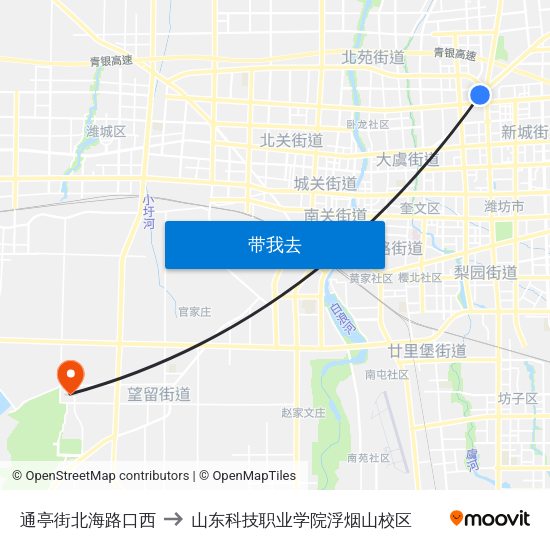 通亭街北海路口西 to 山东科技职业学院浮烟山校区 map