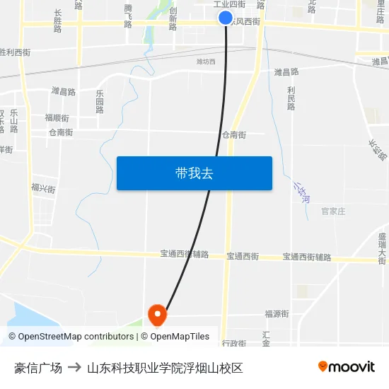 豪信广场 to 山东科技职业学院浮烟山校区 map