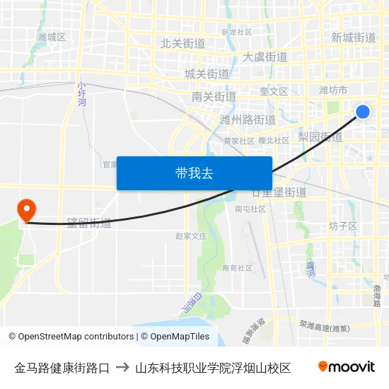 金马路健康街路口 to 山东科技职业学院浮烟山校区 map