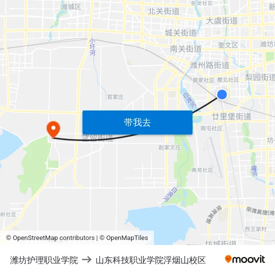 潍坊护理职业学院 to 山东科技职业学院浮烟山校区 map