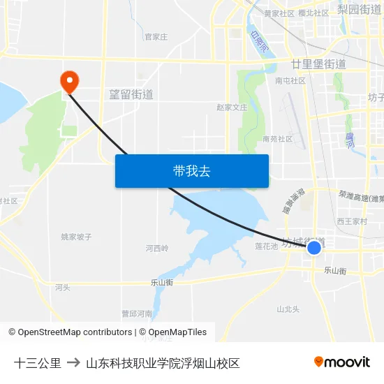 十三公里 to 山东科技职业学院浮烟山校区 map