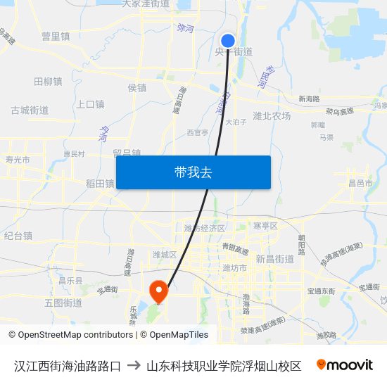 汉江西街海油路路口 to 山东科技职业学院浮烟山校区 map