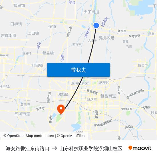 海安路香江东街路口 to 山东科技职业学院浮烟山校区 map