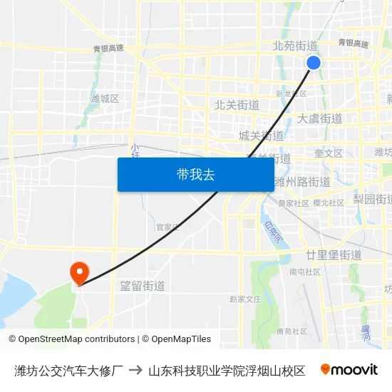 潍坊公交汽车大修厂 to 山东科技职业学院浮烟山校区 map