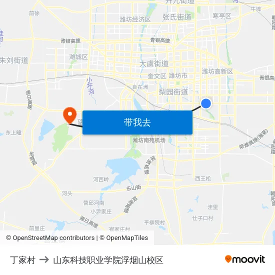 丁家村 to 山东科技职业学院浮烟山校区 map