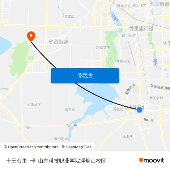 十三公里 to 山东科技职业学院浮烟山校区 map