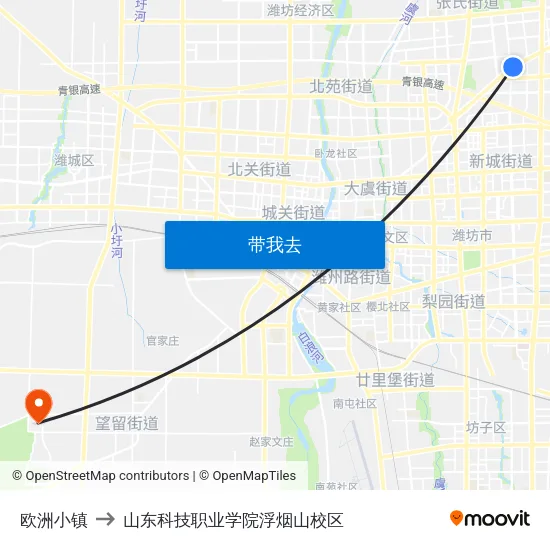 欧洲小镇 to 山东科技职业学院浮烟山校区 map
